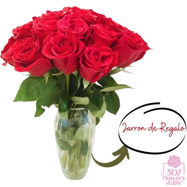 24 rosas rojas frescas y obsequio de Jarron de vidrio.